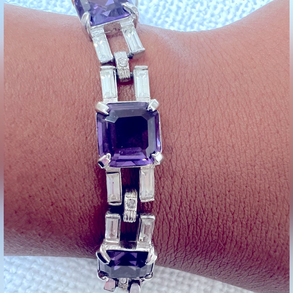 EL 95 k66 Emerald-Cut Amethyst Tennis Bracelet in Sterling Silver.